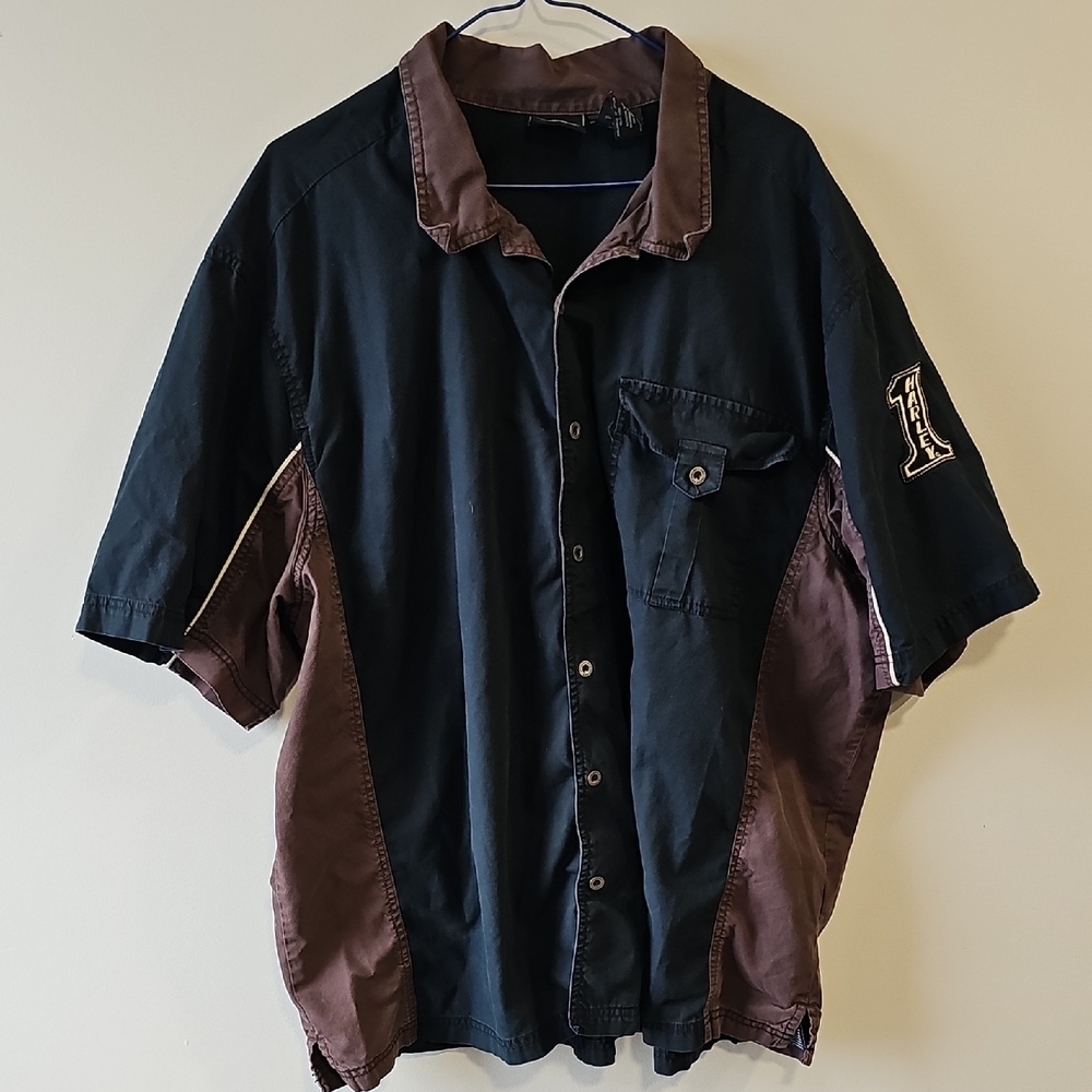 Harley-Davidson XXXL Black and Brown Collared Button Doown Shirt with Logo Patch